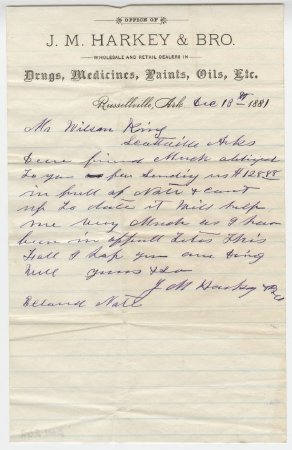 Letter from J. M. Harkey, December 13, 1881.