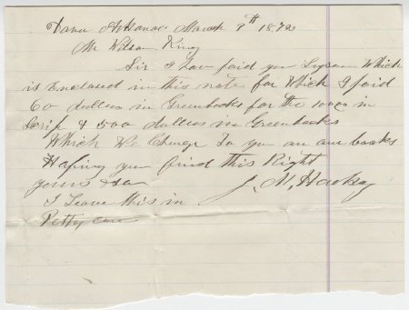Note from J. M. Harkey, March 9, 1872.