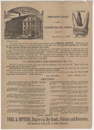 York & Bottoms of Russellville, AR-Dental Snuff Ad., with note.