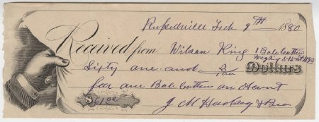 Wilson King Receipt, February 9, 1880.
