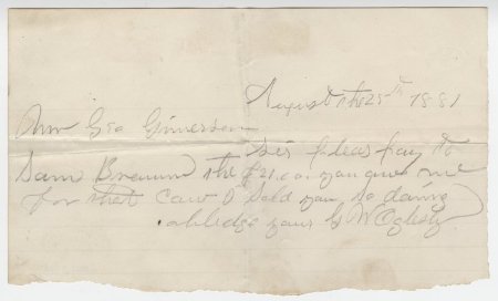 Note from G.W. Oglesby, August 25, 1881.